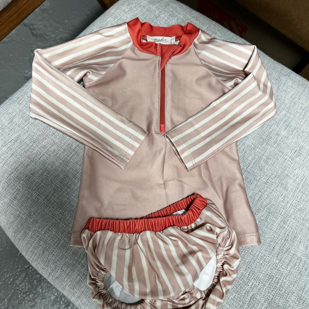 Pehr Pink and Red Rashguard Swim Set with Sporty Stripes
